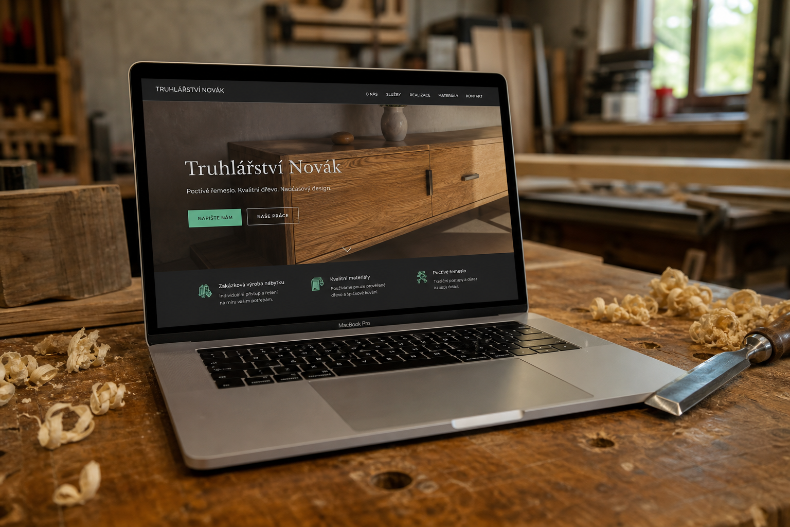 MacBook na truhlářské hoblínce s webe truhlářství